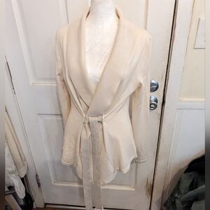 Neiman Marcus Exclusive Silk Cashmere Belted Cardigan Ivory Gold Shimmer Sz M